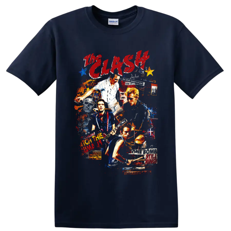 The Clash punk rock collage with guitars, drums, and distressed lettering on a Navy (Blue) T Shirt