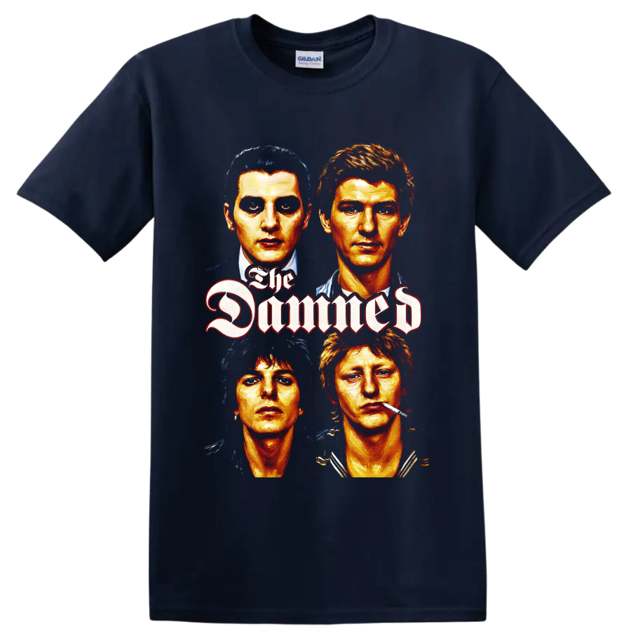 The Damned four-face punk rock portrait with gothic lettering on a Navy (Blue) T Shirt