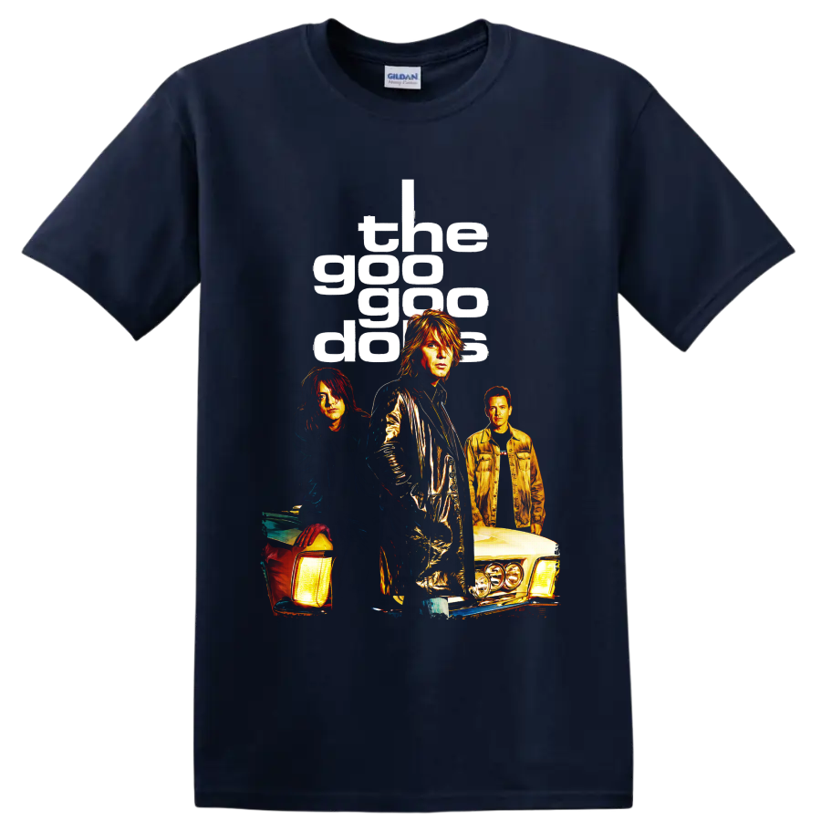 Goo Goo Dolls rock band portraits with classic cars and bold lettering on a Navy (Blue) T Shirt