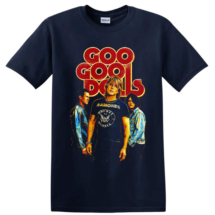 Goo Goo Dolls vintage rock band portrait graphic with distressed lettering on a Navy (Blue) T Shirt