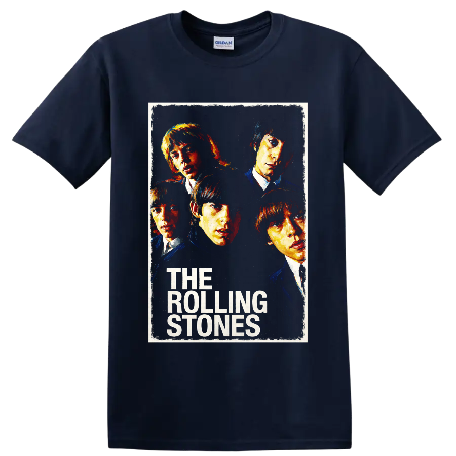 The Rolling Stones five-portrait vintage rock band graphic with text on a Navy (Blue) T Shirt