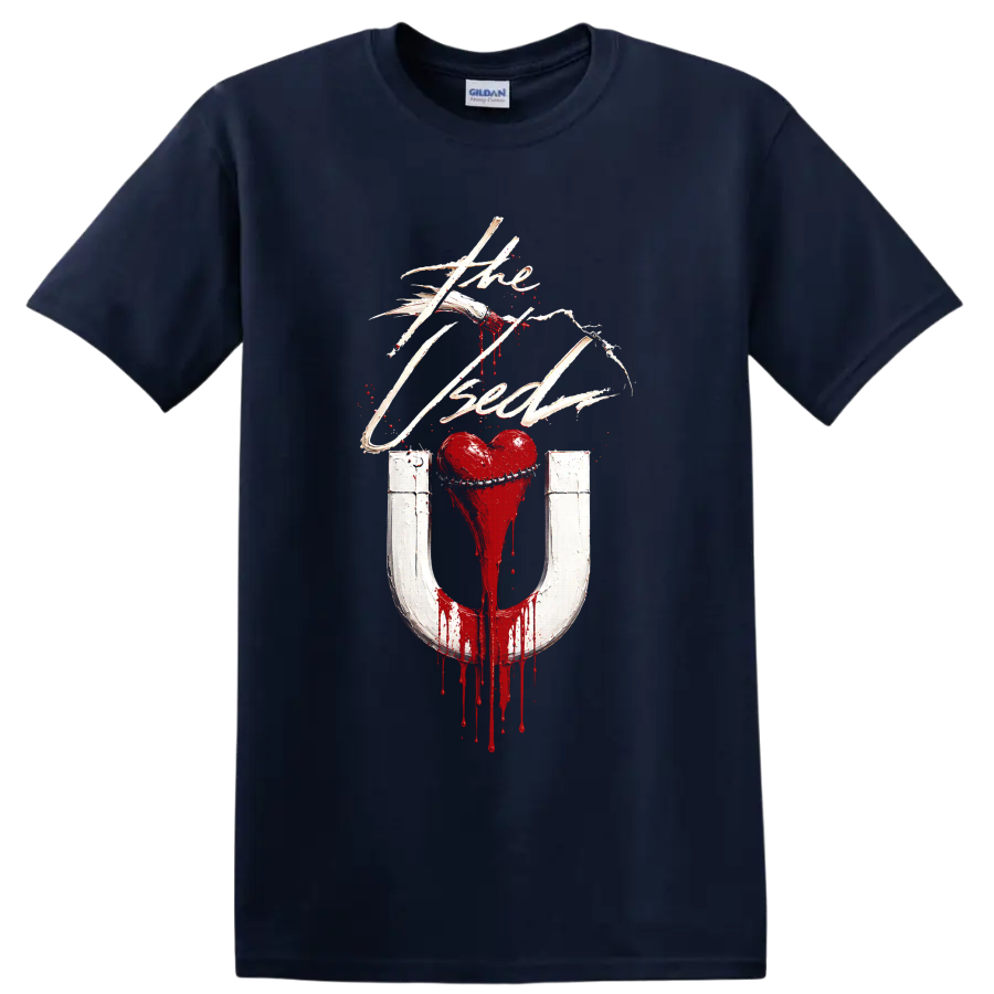 The Used heart magnet graphic print with distressed gothic rock styling on a Navy (Blue) T Shirt