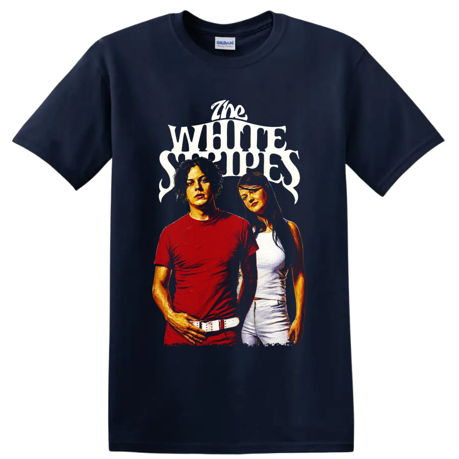 The White Stripes portrait graphic with distressed lettering on a Navy (Blue) T Shirt