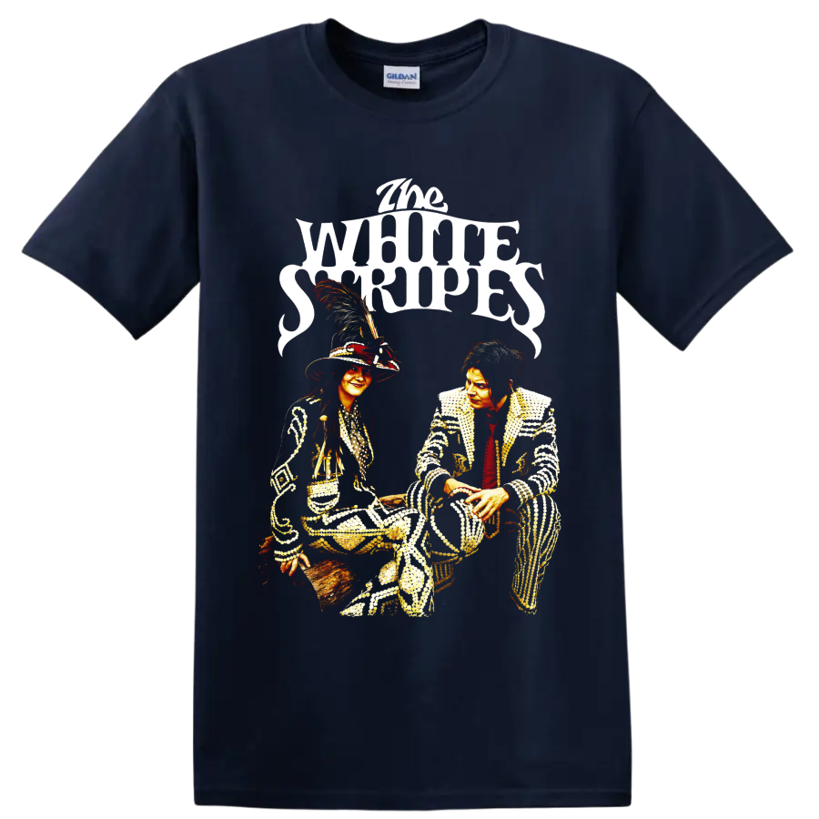 The White Stripes duo portrait graphic with ornate stage outfits and bold lettering on a Navy (Blue) T Shirt