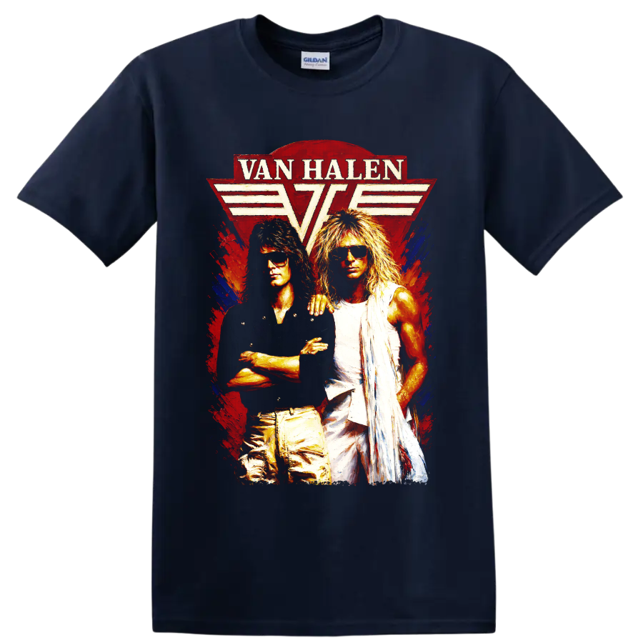 Van Halen winged logo with two rock performers in vintage distressed art on a Navy (Blue) T Shirt
