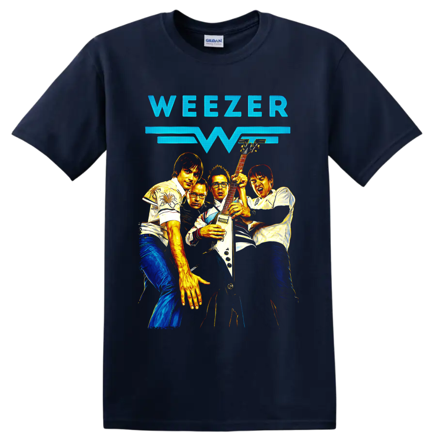 Weezer rock band group portrait with electric guitar and bold lettering on a Navy (Blue) T Shirt