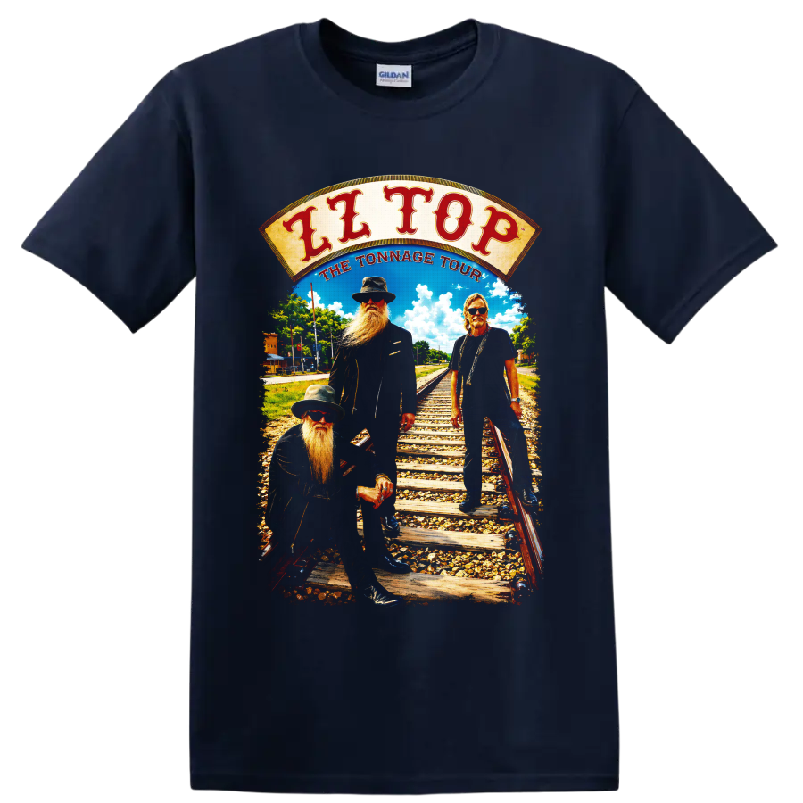 ZZ Top Tonnage Tour vintage railroad rock band graphic on a Navy (Blue) T Shirt