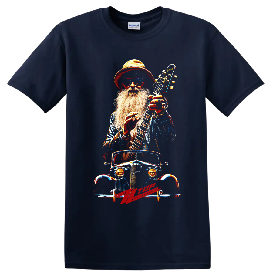 ZZ Top bearded guitarist with electric guitar and vintage car graphic on a Navy (Blue) T Shirt