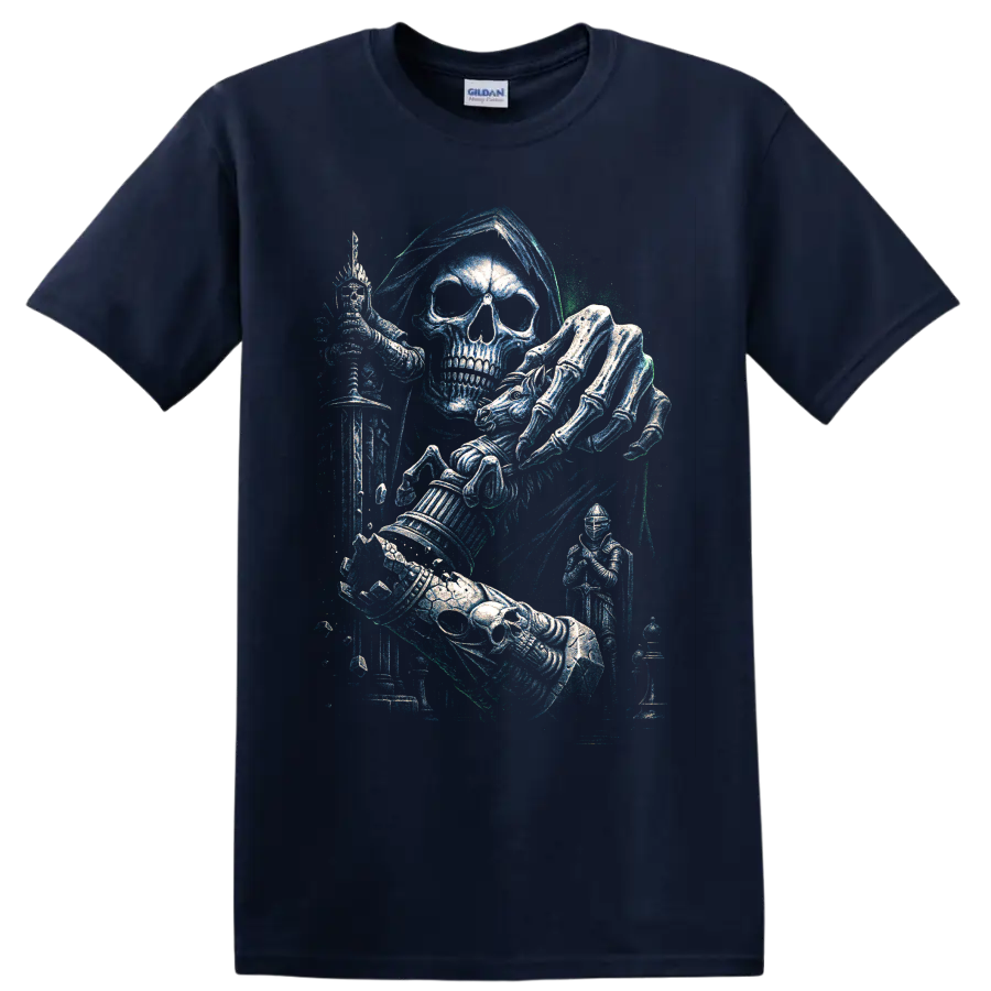Gothic skull knight in armor wielding a sword, distressed fantasy art on a Navy (Blue) T Shirt