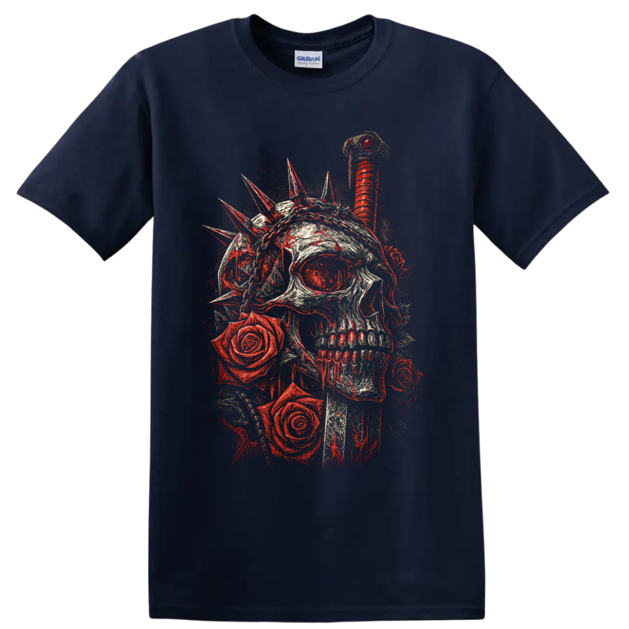 Gothic skull with red roses and spiked crown graphic on a Navy (Blue) T Shirt