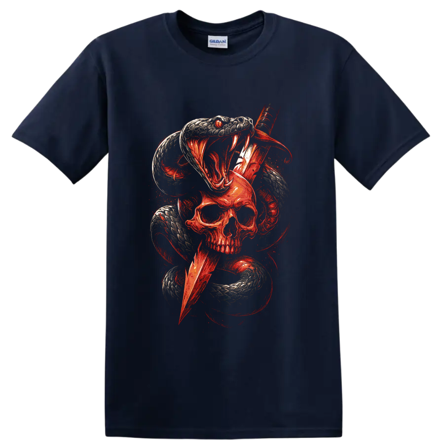 Red fanged snake coiling around a skull in gothic horror art on a Navy (Blue) T Shirt