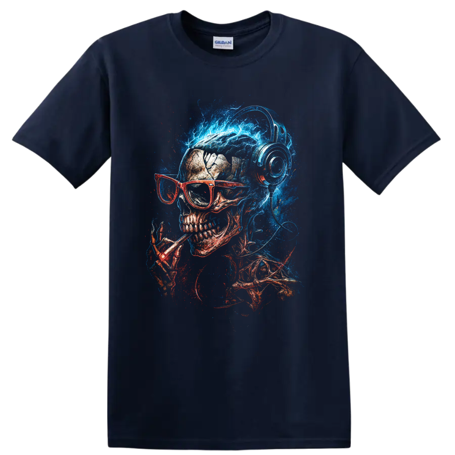 Neon blue and red skull wearing glasses and headphones, gothic art on a Navy (Blue) T Shirt