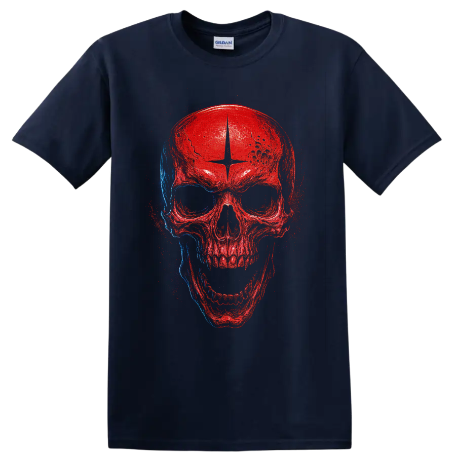 Distressed red and blue skull grunge graphic print on a Navy (Blue) T Shirt