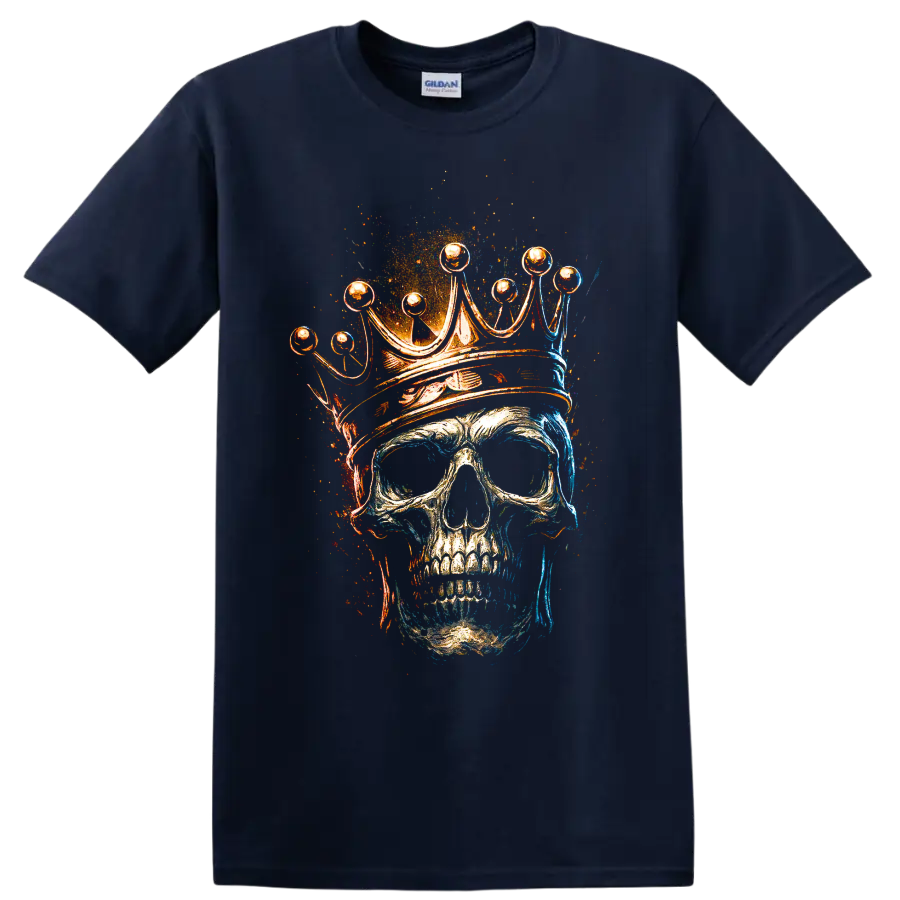 Crowned skull with ornate crown in fiery blue and orange grunge art on a Navy (Blue) T Shirt