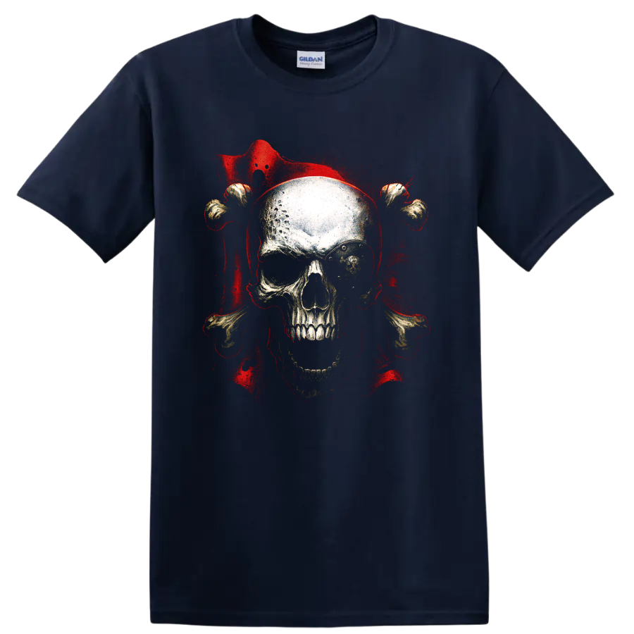 Gothic skull and crossbones graphic with red grunge splatter on a Navy (Blue) T Shirt