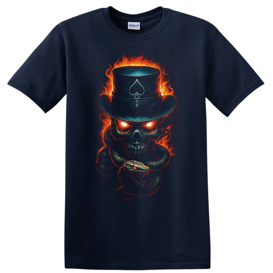 Flaming skull with snake, spade top hat, and fiery gothic horror artwork on a Navy (Blue) T Shirt