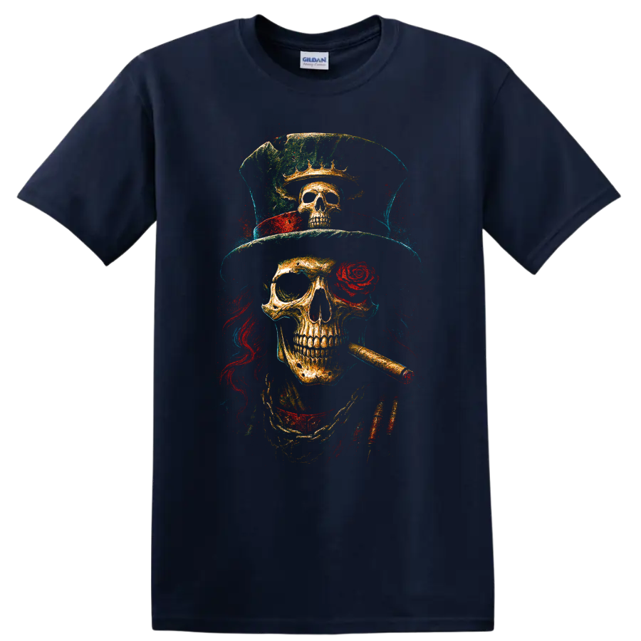 Vintage grunge skull wearing a top hat with rose and cigar on a Navy (Blue) T Shirt