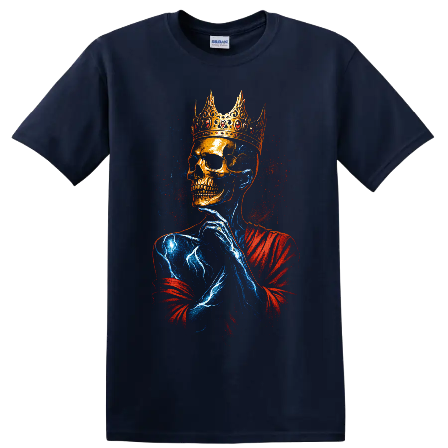 Crowned skull king gothic graphic with red and blue splatter art on a Navy (Blue) T Shirt