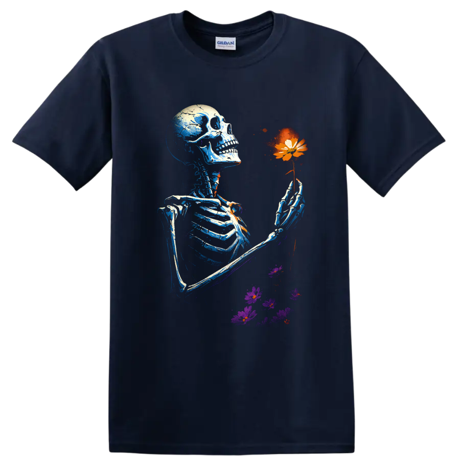 Gothic skeleton holding an orange flower with purple floral accents on a Navy (Blue) T Shirt