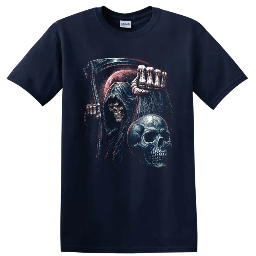 Gothic blue skull with skeletal hand and distressed red and white splatter art on a Navy (Blue) T Shirt