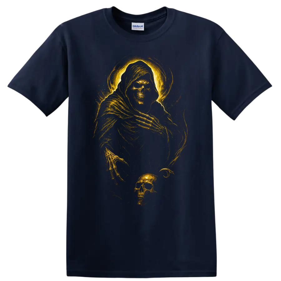 Golden grim reaper skull gothic skeleton graphic print on a Navy (Blue) T Shirt