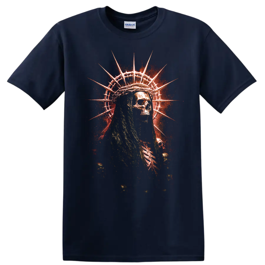 Distressed skull Statue of Liberty gothic horror graphic with red grunge burst on a Navy (Blue) T Shirt
