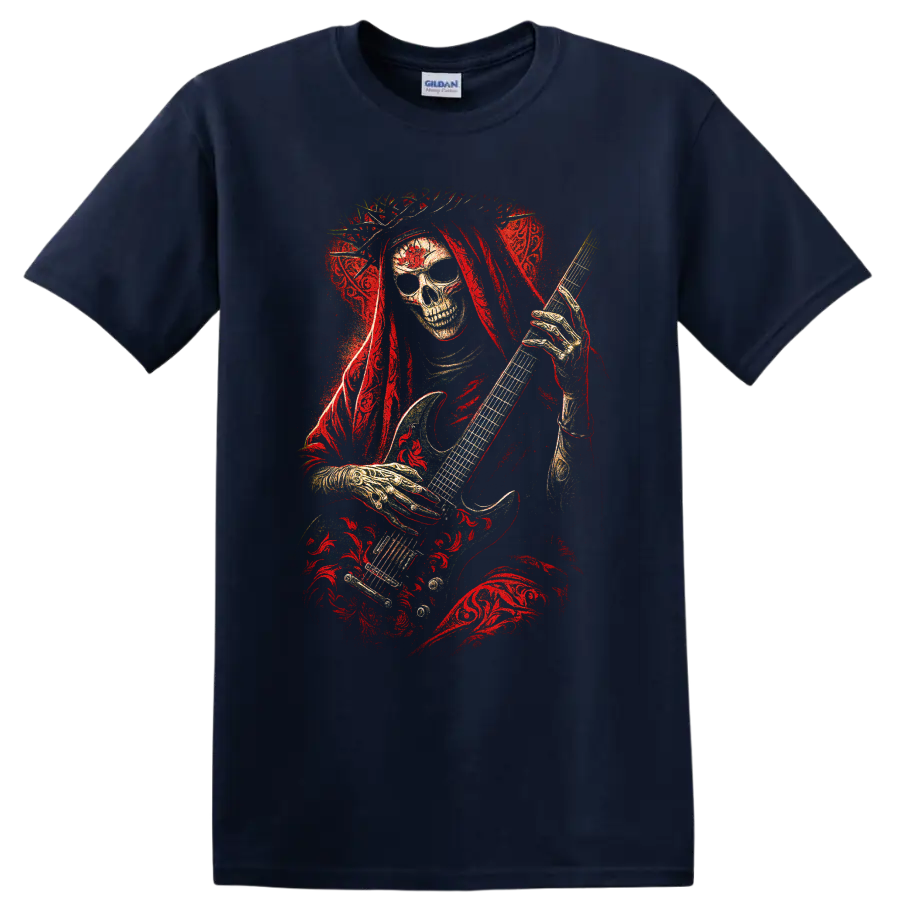 Gothic skull guitarist with red roses and distressed rock art on a Navy (Blue) T Shirt