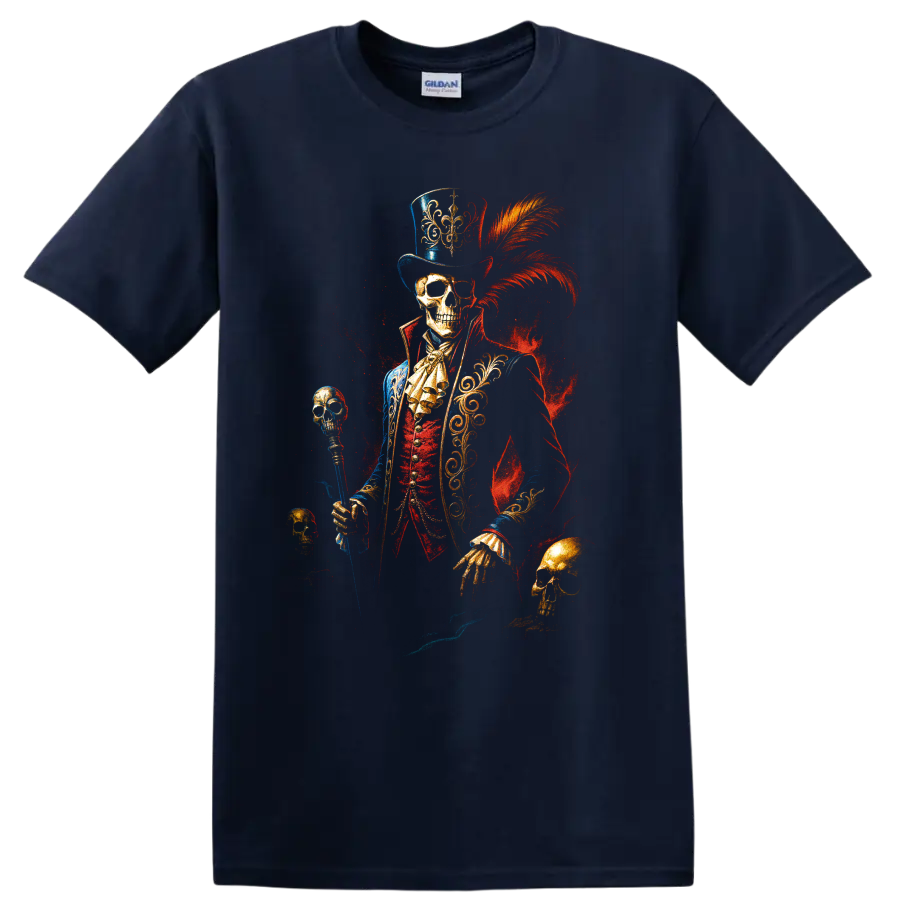 Gothic skeleton ringmaster in top hat with skull cane and red plume on a Navy (Blue) T Shirt