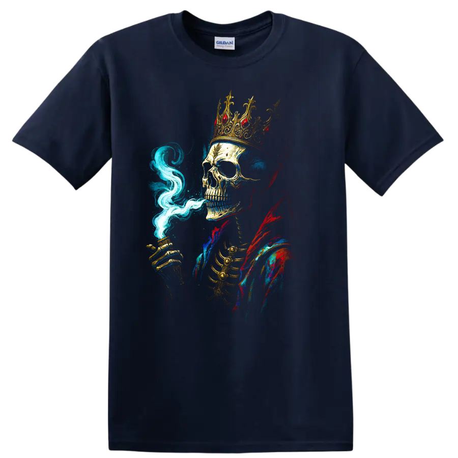 Crowned skull king with blue smoke and colorful gothic art on a Navy (Blue) T Shirt