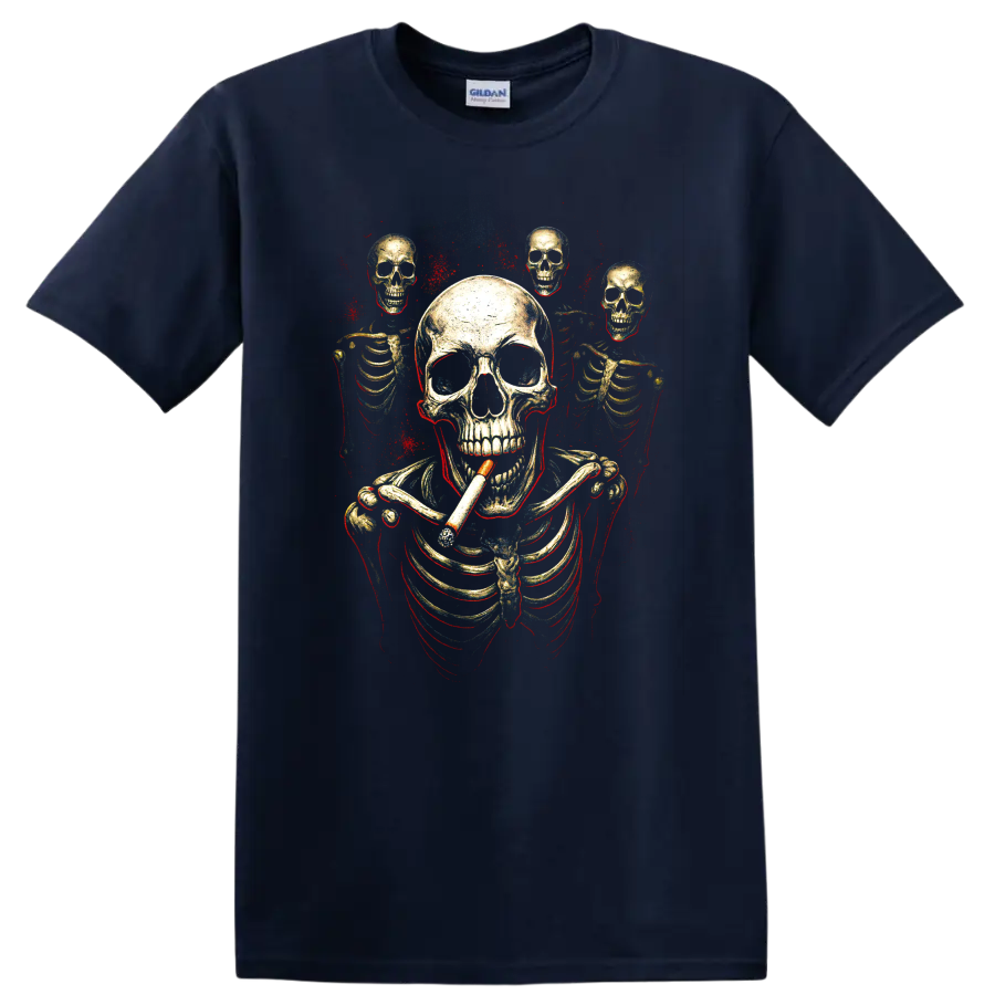 Smoking skeleton skull graphic with smaller skulls and red splatter on a Navy (Blue) T Shirt