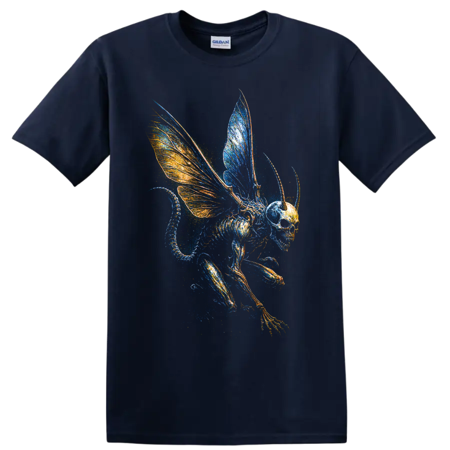 Winged skull skeleton creature with blue and orange gothic fantasy wings on a Navy (Blue) T Shirt