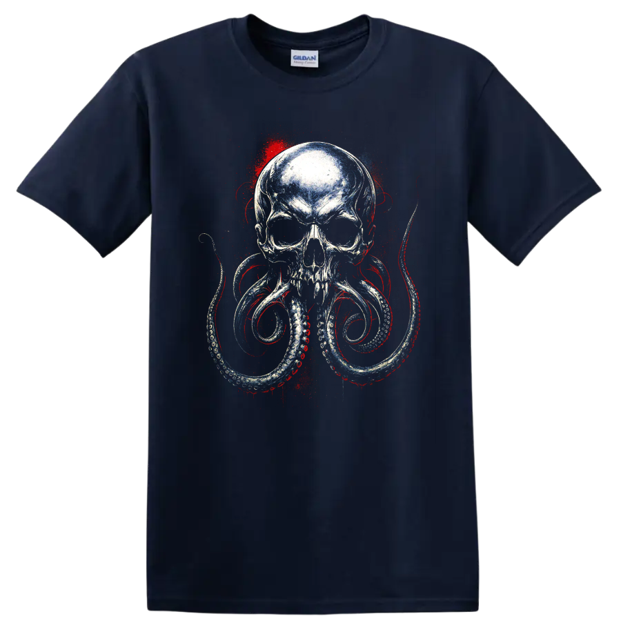 Distressed skull octopus graphic with curling tentacles and red blue accents on a Navy (Blue) T Shirt