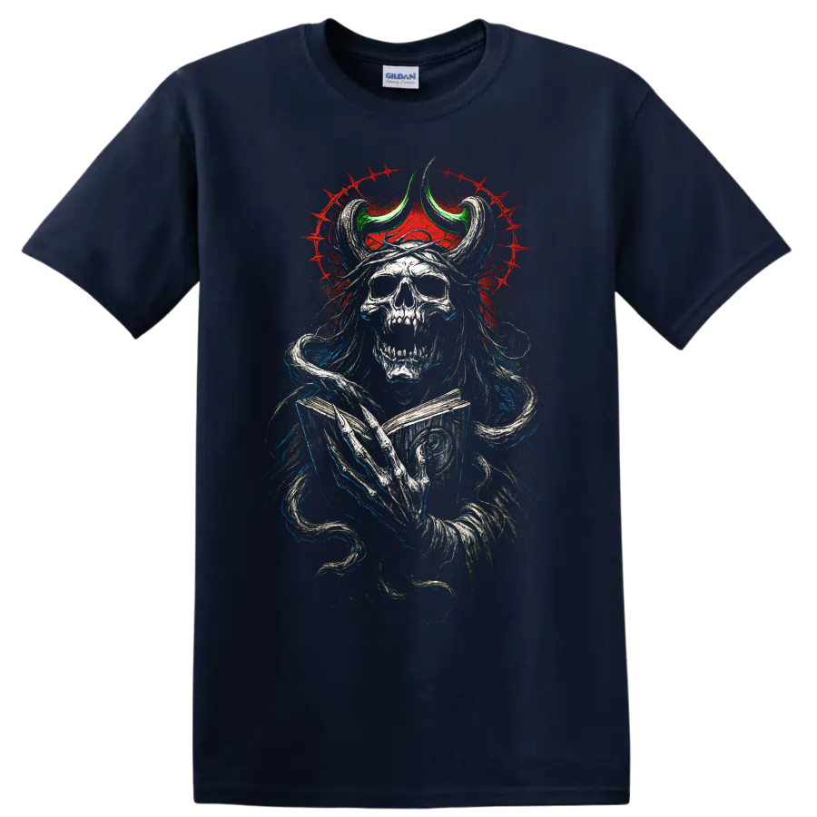 Horned skull warrior with gothic distressed artwork and red splatter on a Navy (Blue) T Shirt