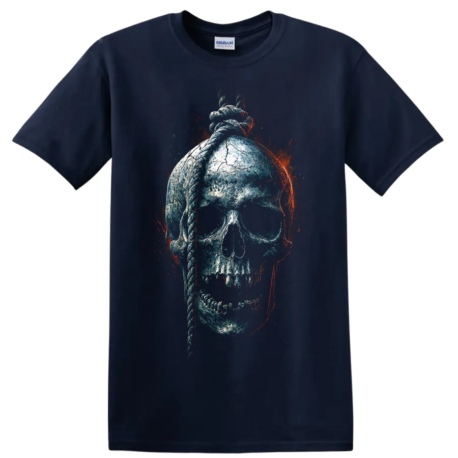 Distressed gothic skull with anatomical heart graphic art on a Navy (Blue) T Shirt