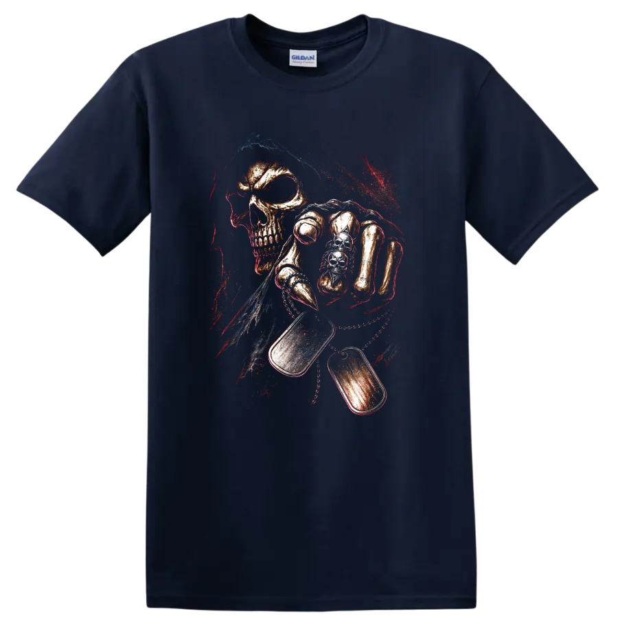Distressed gothic skull graphic with vivid red, blue, and orange accents on a Navy (Blue) T Shirt