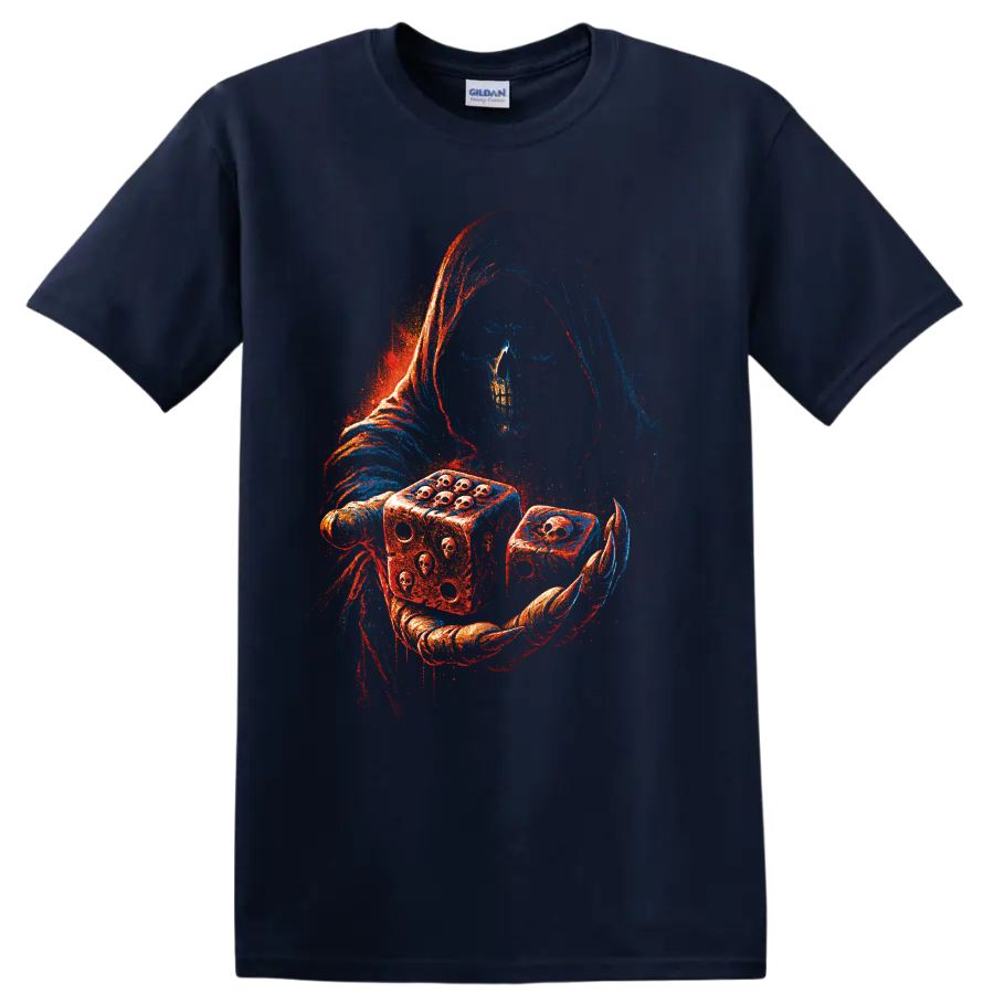 Hooded skull figure holding dice in red and blue gothic horror art on a Navy (Blue) T Shirt