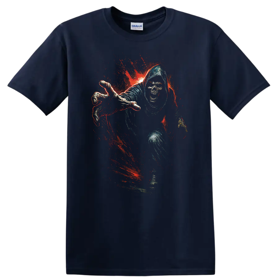 Hooded skull reaper with red splatter gothic horror graphic on a Navy (Blue) T Shirt
