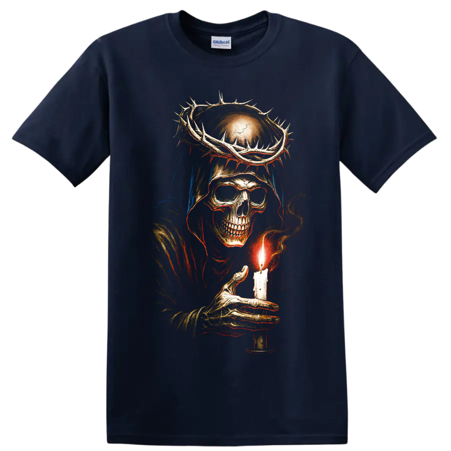 Gothic grim reaper skull holding a glowing candle beneath a crown of thorns on a Navy (Blue) T Shirt
