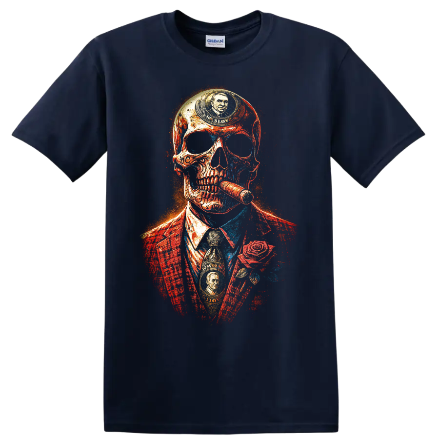 Distressed gangster skull in suit with cigar and rose graphic on a Navy (Blue) T Shirt