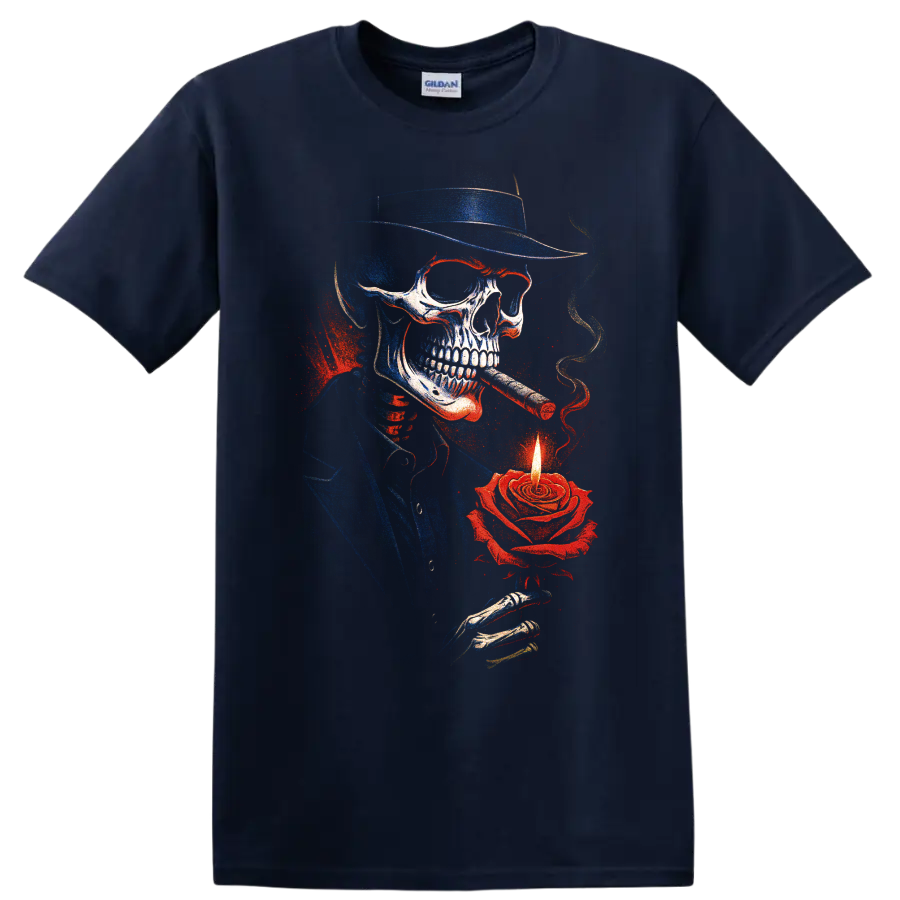 Gothic skull cowboy with cigar and glowing rose candle graphic on a Navy (Blue) T Shirt