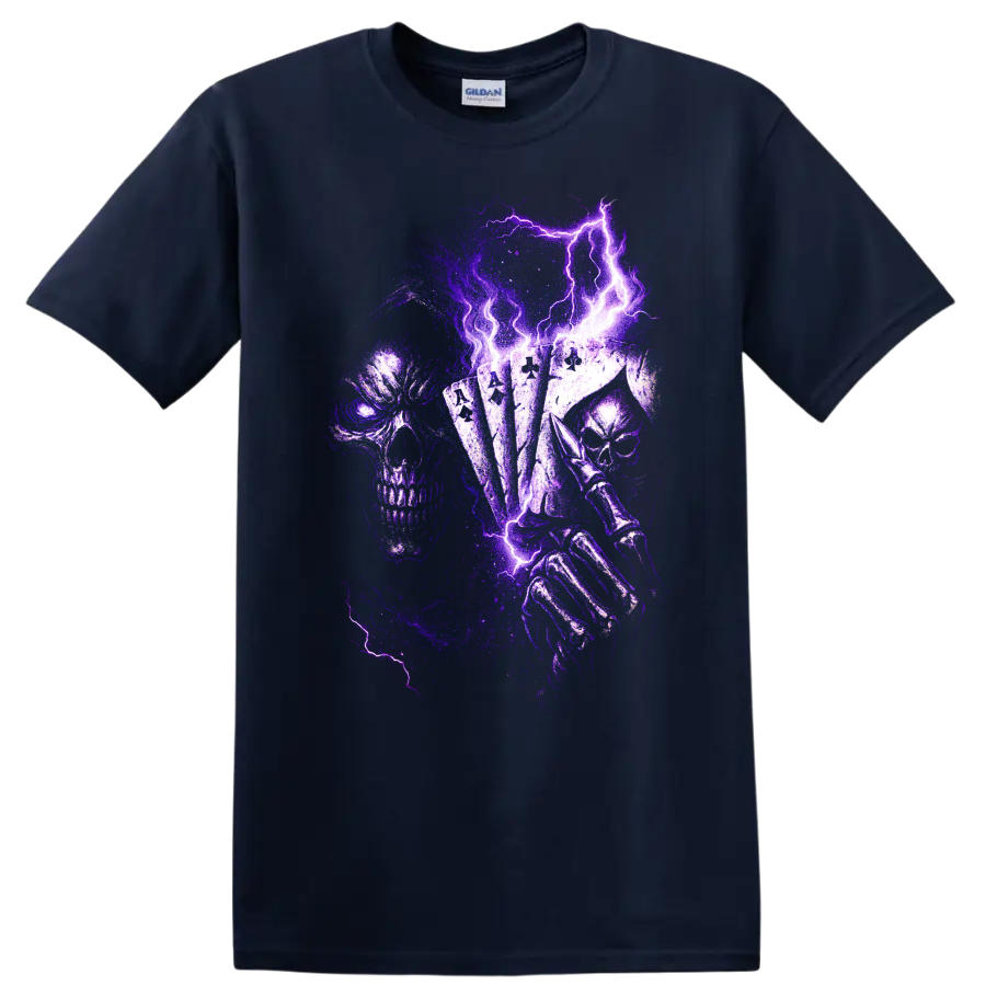 Gothic skull holding playing cards with purple lightning artwork on a Navy (Blue) T Shirt