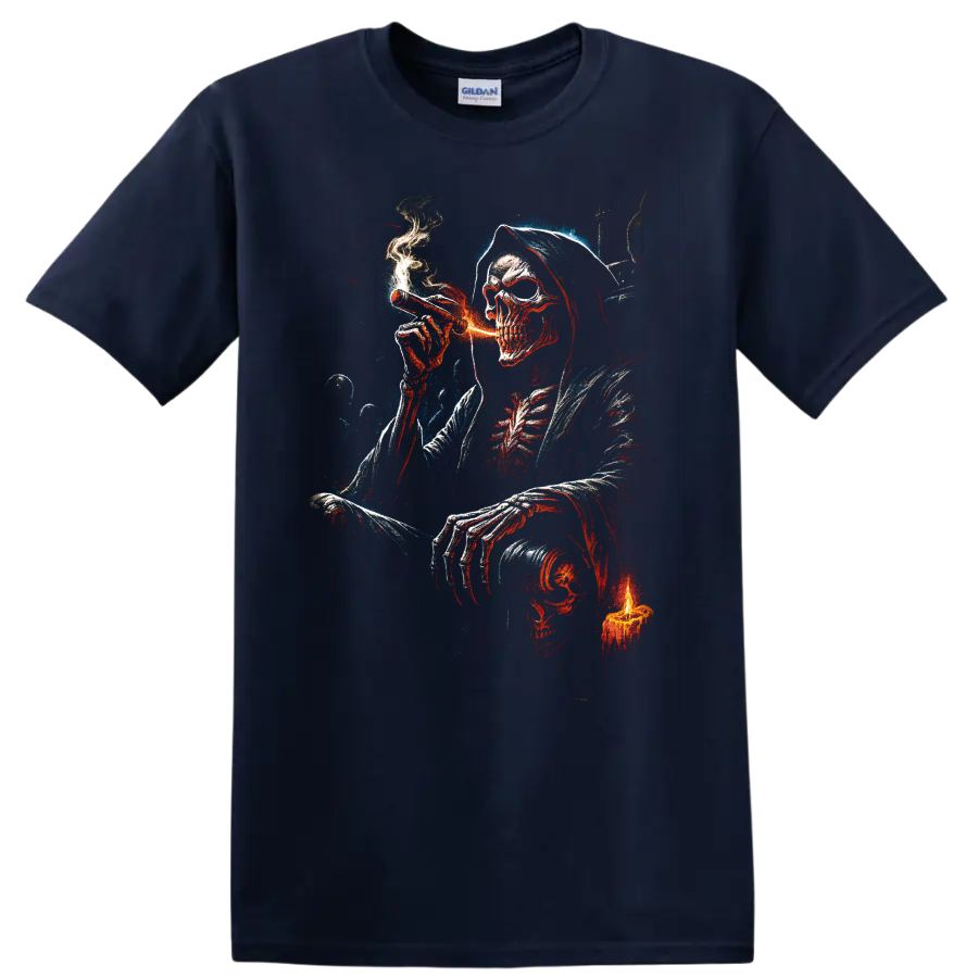 Hooded smoking skeleton skull with candle in distressed gothic art on a Navy (Blue) T Shirt