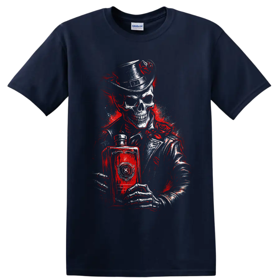 Gothic skull in top hat holding a book with red distressed artwork on a Navy (Blue) T Shirt