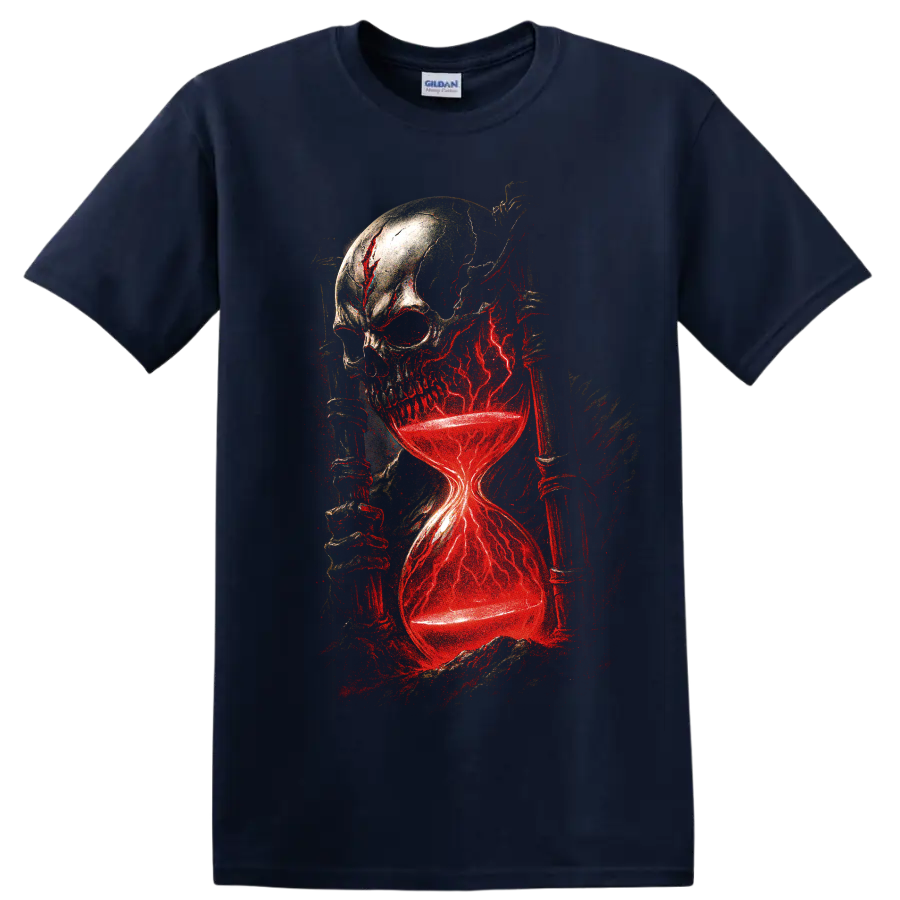 Gothic skull hourglass with glowing red lightning graphic on a Navy (Blue) T Shirt