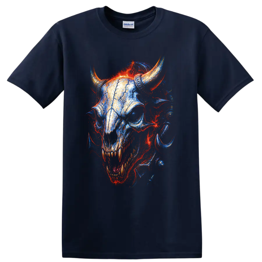 Horned skull gothic artwork with vivid blue, red, and orange fire-like detail on a Navy (Blue) T Shirt