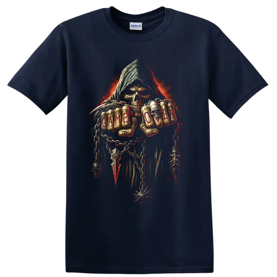 Grim reaper skull with hood, chains, spikes, and gothic distressed art on a Navy (Blue) T Shirt