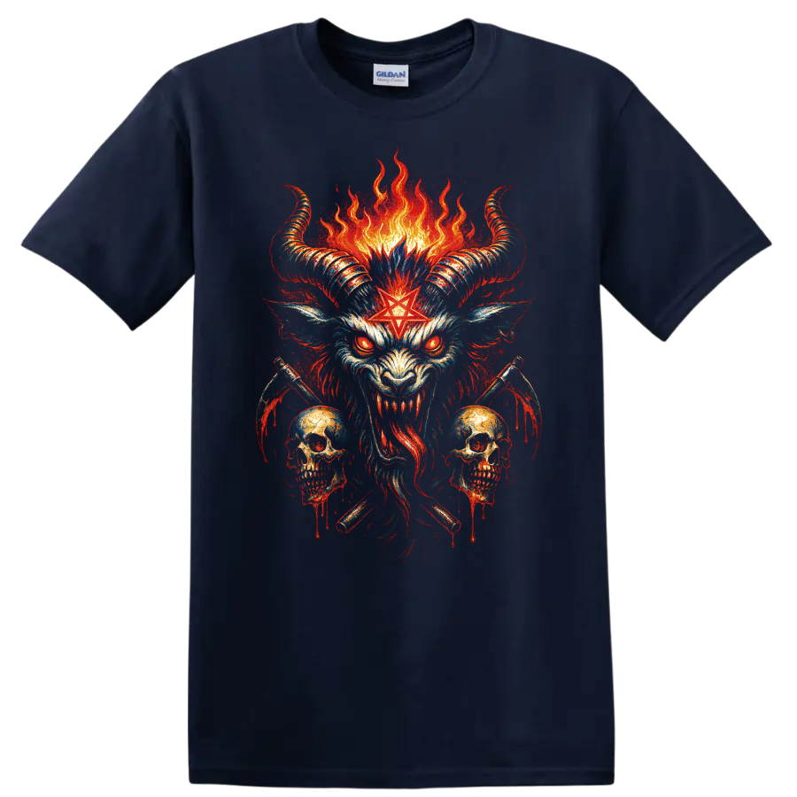 Horned demon skull with flames and red star gothic graphic print on a Navy (Blue) T Shirt