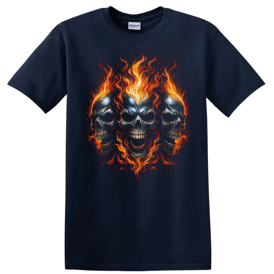 Flaming triple skull gothic horror graphic with vivid swirling fire on a Navy (Blue) T Shirt
