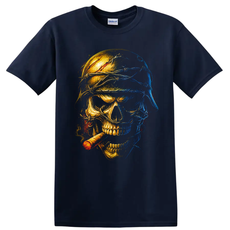 Blue and gold split-face skull graphic with cigar and distressed gothic art on a Navy (Blue) T Shirt