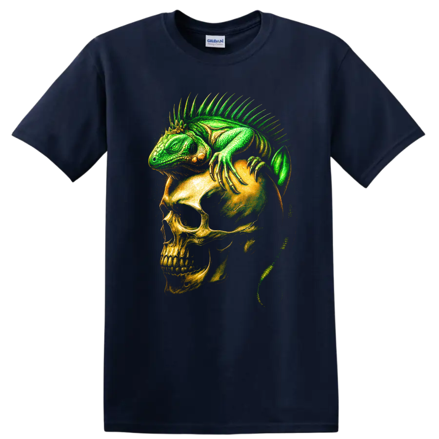 Green iguana draped over a skull in detailed gothic horror art on a Navy (Blue) T Shirt